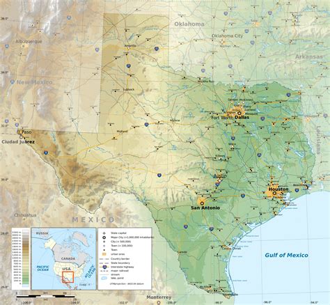 Large Detailed Physical Map Of The State Of Texas With