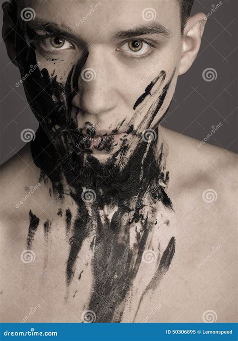 Dramatic Fashion Art Portrait Of Man In Black Paint Stock Image Image