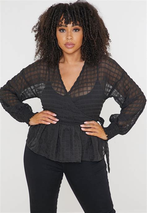 Plus Size Black Check Sheer Wrap Blouse Missguided