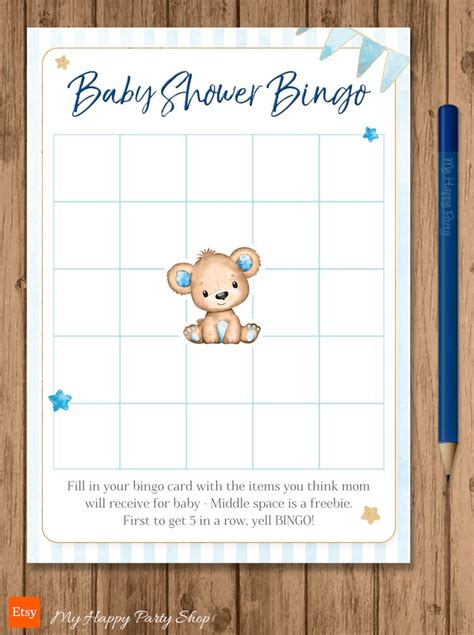 Teddy Bear Baby Shower Bingo Card Printable Boy Shower Bingo Etsy España