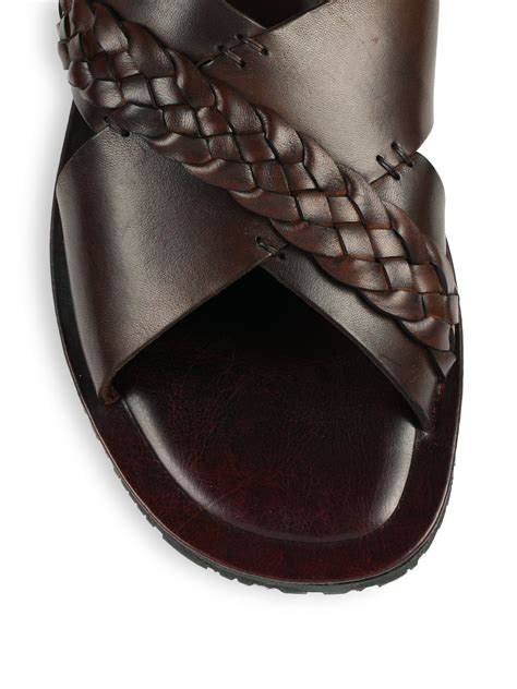 Saks Fifth Avenue Leather Criss Cross Sandals In Brown For Men Lyst