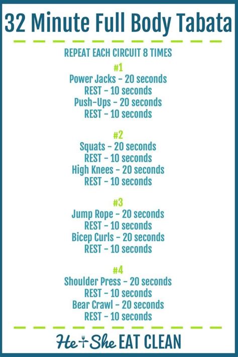 Do each move for 20 seconds at maximum effort, resting for 10 seconds in between. 32 Minute Full Body Tabata Workout | Tabata workouts ...