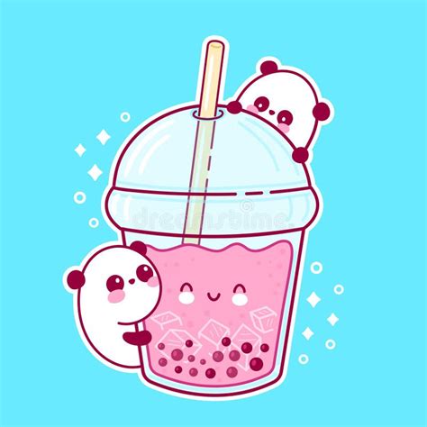 Cute Happy Funny Bubble Tea Cup And Pandas Stock Vector Illustration
