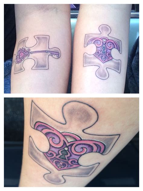 Sister Tattoo Puzzle Pieces She Has The Key I Have The Heart Purple And Pink Coloring Arm