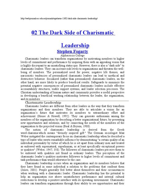 The Dark Side Of Charismatic Leadership Pdf Charisma