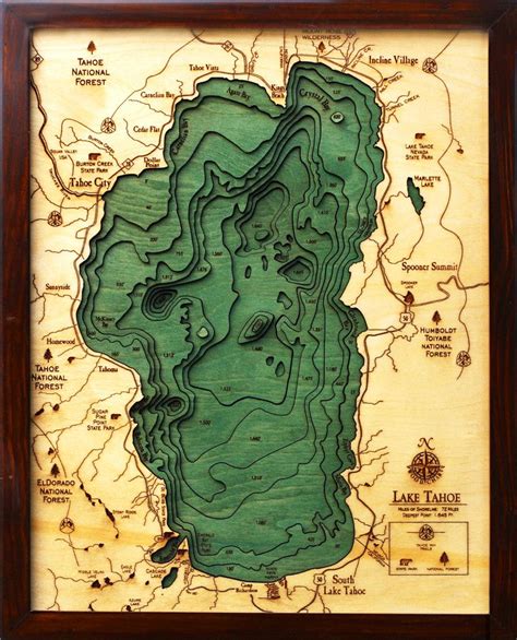 Lake Tahoe Bathymetric Wood Chart Reference In 2019 Lake Art Map