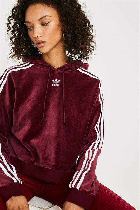 Adidas Originals Maroon Velour Cropped Hoodie Urban Outfitters Uk