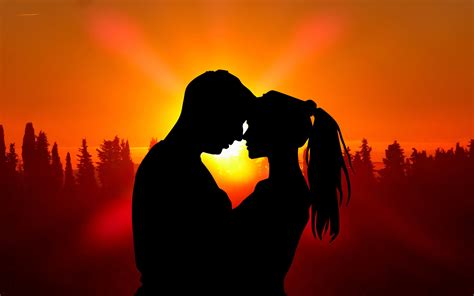 Sunset Boy And Girl Silhouette Romantic Couple Love