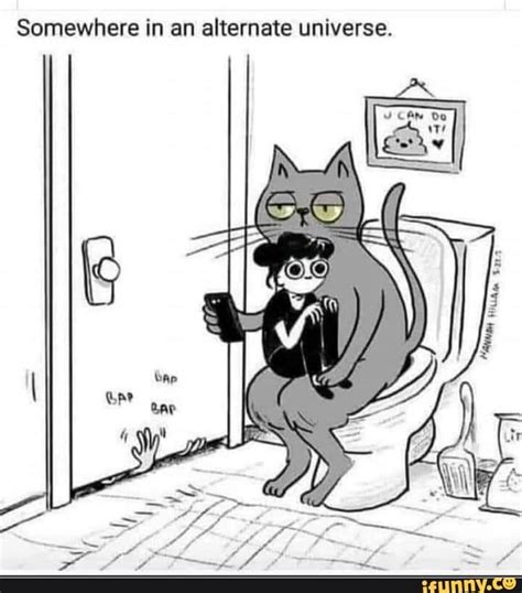 A Cat Sitting On Top Of A Toilet In Front Of A Door With The Caption Somewhere In An Alternatee