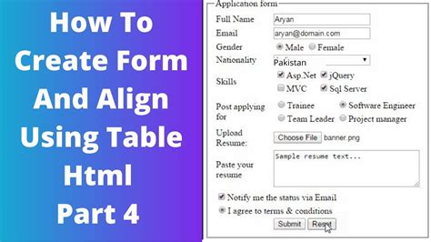 How To Create Form And Align Using Table Html Part 4 Youtube