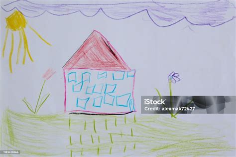 Childish Drawing Of House Flowers And Butterflies Stock Photo