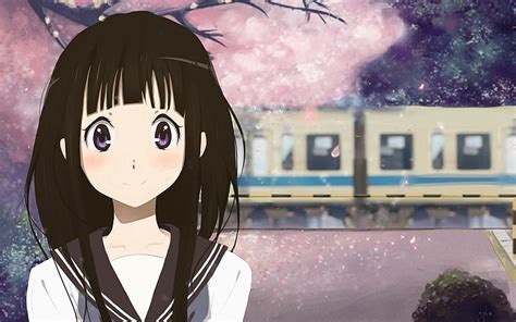 Anime Hyouka Black Hair Eru Chitanda Girl Long Hair Purple Eyes Sakura Blossom Hd