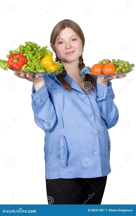 Mooie Zwangere Vrouw Met Fruit En Groenten Stock Afbeelding Image Of