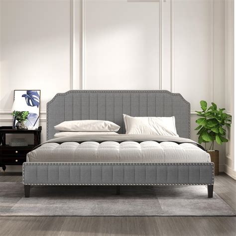 King Size Upholstered Platform Bed Frame With Headboard Modern Linen