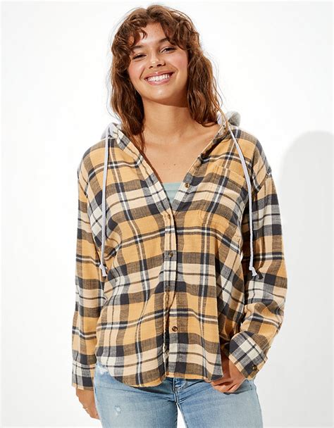 Ae Plaid Flannel Hooded Button Up Shirt