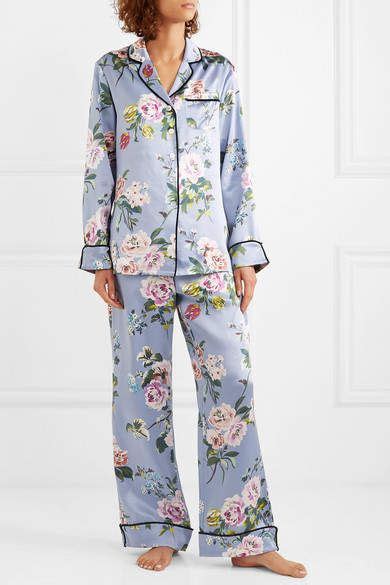 Olivia Von Halle Lila Floral Print Silk Satin Pajama Set Sky Blue