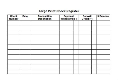 Large Print Check Register Printable Free