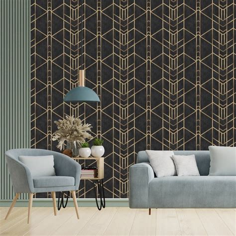 Geometric Art Deco Wallpaper In Black And Gold Removable Peel And Stick