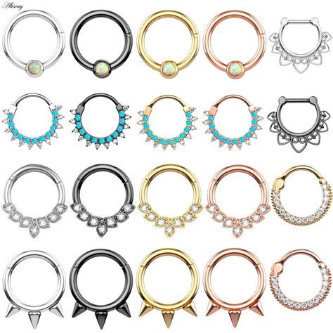 Alisouy 1pc 16g Stainless Steel Crystal Cz Hinged Septum Clicker Nose Ring Nipple Daith Ear