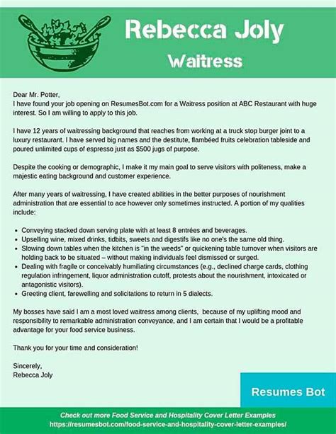 Waitresses work in the food service industry, and their primary when applying for a waitress position, the candidate should include a cover letter that lists the. Waitress Cover Letter Samples & Templates PDF+Word 2020 ...