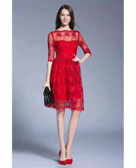 Modest A Line Red Lace Knee Length Cocktail Dresses With Sleeves Dk356 841