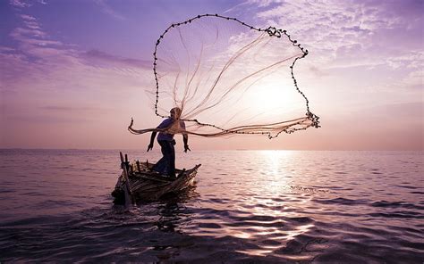 Thailand Fisherman Net Silhouette Of A Man Throwing Fishing Net Sky