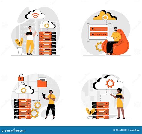 Cloud Data Center Concept With Character Set Vector Illustrations