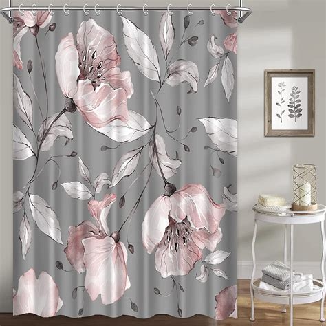 Floral Shower Curtains For Bathroom Pink Grey Rose Flowers Shower