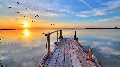 Hd Wallpaper Water Sky Horizon Sunrise Pier Calm Lake Birds