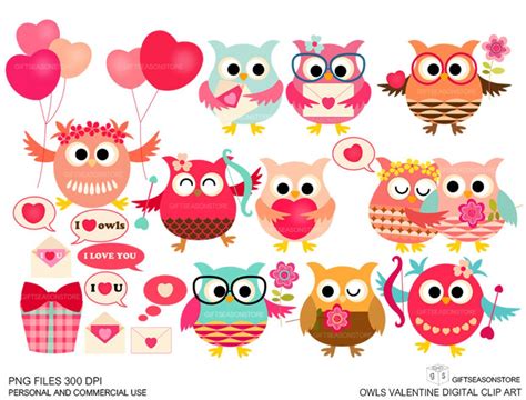 Valentine Owls Digital Clip Art For Personal And Commercial Etsy