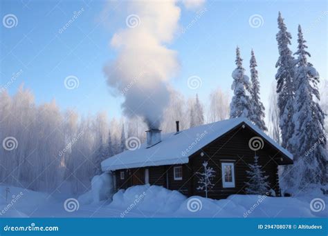 A Snow Covered Cabin With Smoke Rising From The Chimney Stock Photo