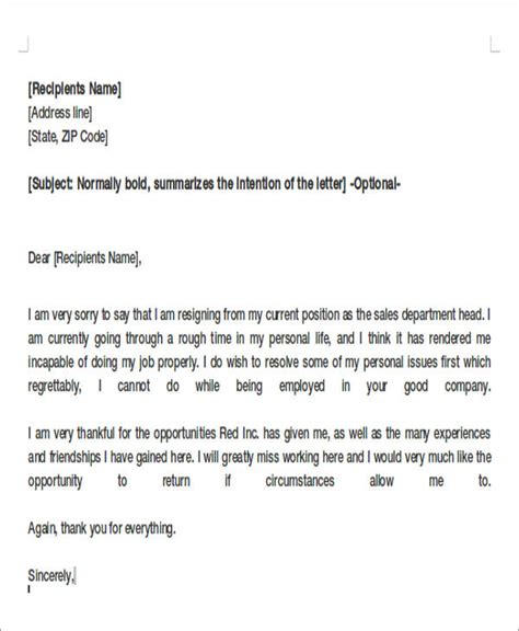 A resignation letter not only describes the employee's intent to leave, but also provide information about the last day worked and other details. FREE 8+ Sample Resignation Letters for Personal Reasons in ...