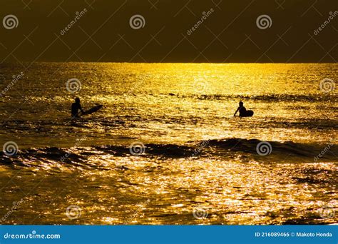 Surfer Silhouette And Dusk Of Kamakura Coast Stock Photo Image Of