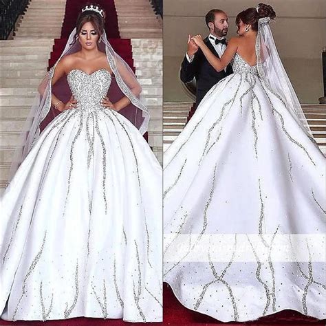 Luxury Arabic Sweetheart Satin Ball Gown Wedding Dresses Beaded Stones