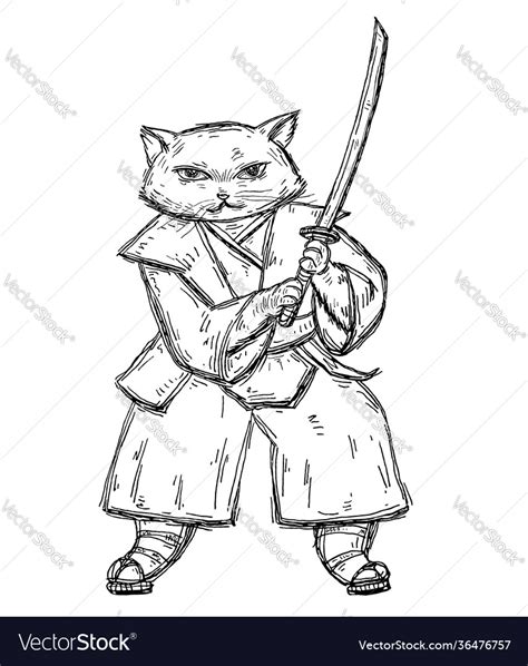 Cat Holding Samurai Sword And Dressed In Japan Vector Image