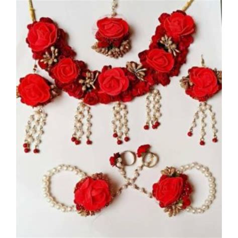 Red Flower Necklace Set For Haldi Ceremony Floral Jewelry Store