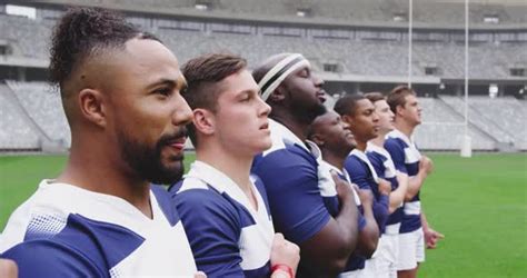 Male Rugby Players Taking Pledge Together In Stadium Stock Footage