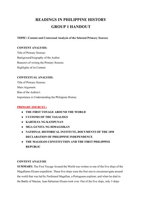 Group 1 Handout RPH Reading In Philippines History Content And