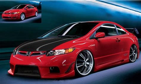 Custom Red And Black Rims Red Honda Civic With Super Low Spring And