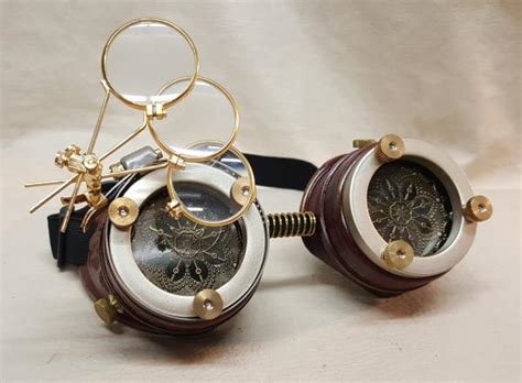 Steampunk Burgundy Engineer Goggles With Magnifying Jewelers Loupes