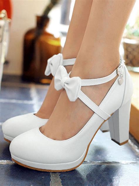 White Round Toe Bow Chunky Sweet High Heeled Shoes Fashion High Heels