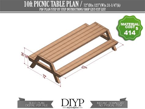 10 Foot Picnic Table Plans Pdf Download Etsy