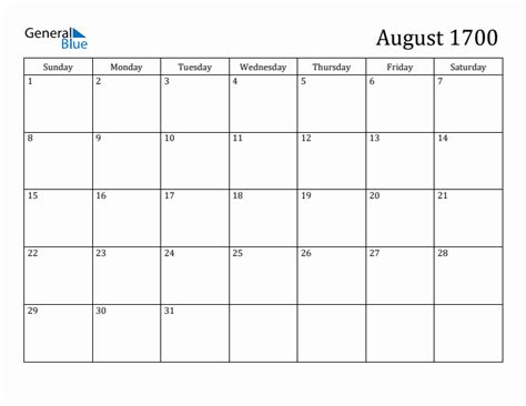 August 1700 Calendars Pdf Word Excel