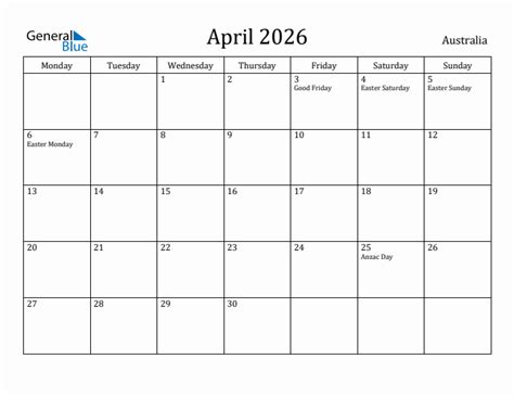 April 2026 Australia Monthly Calendar With Holidays