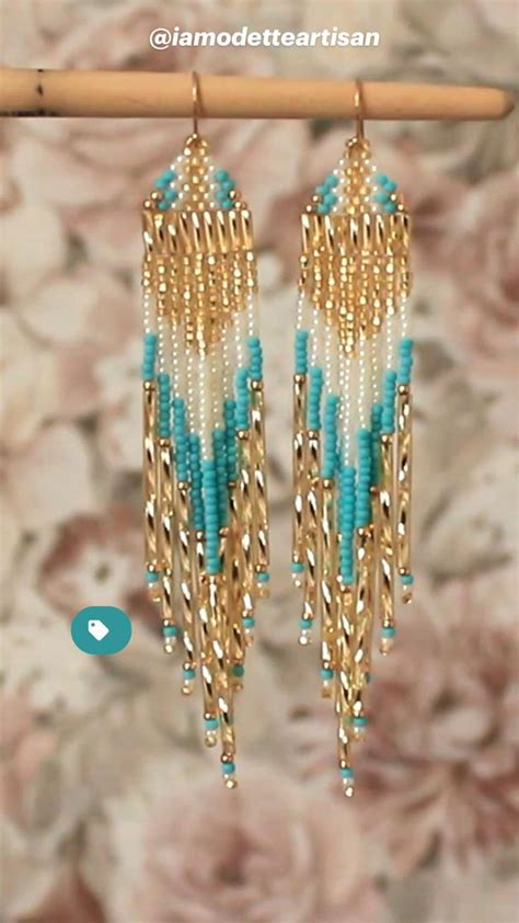 Turquoise Gold Long Fringe Beaded Earrings Inspire Uplift Beaded