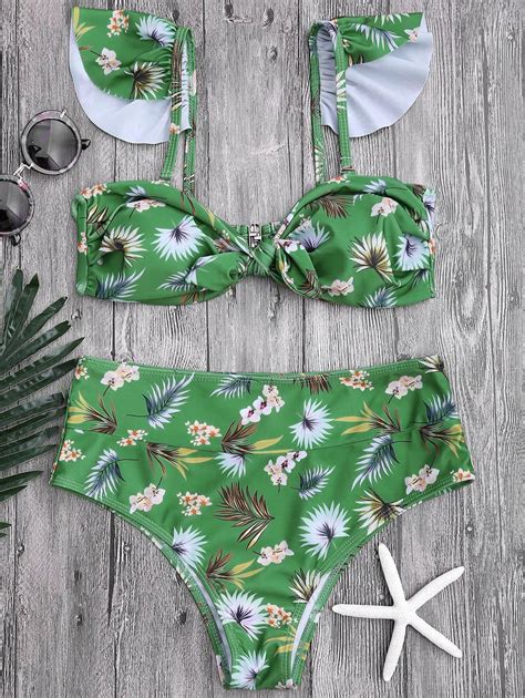 21 OFF 2020 Floral Print Knotted High Waisted Bikini Set In GREEN