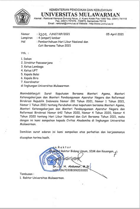 Surat Edaran Tentang Hari Libur Nasional Dan Cuti Bersama Tahun 2021