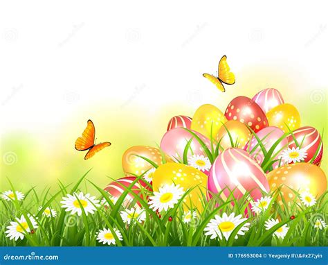 Colorful Easter Eggs In Grass And Butterflies Stock Vector