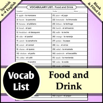 Spanish Vocab List Foods And Drinks By Ms Zs Teaching Resources