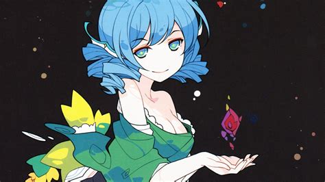 Touhou Wakasagihime Anime Girls Video Games Blue Hair Short Hair Bangs Curly Hair Blue